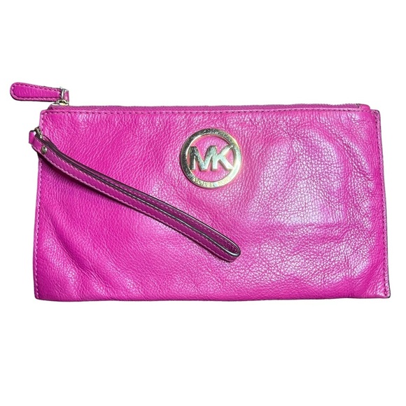 Michael Kors Bright Pink Pebble Leather Slim Wristlet Clutch - Picture 1 of 7